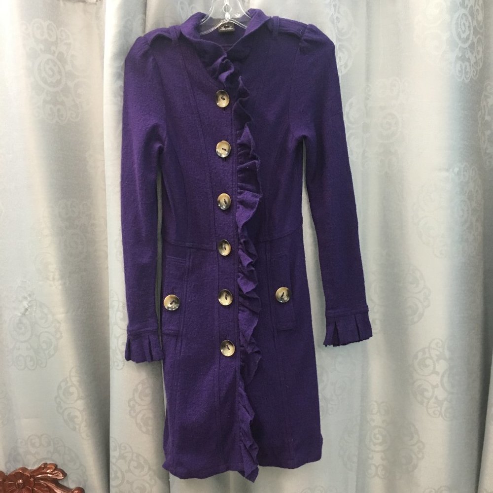 LUII Wool Purple Ruffle Front Jacket Coat Sweater - Picture 8 of 16